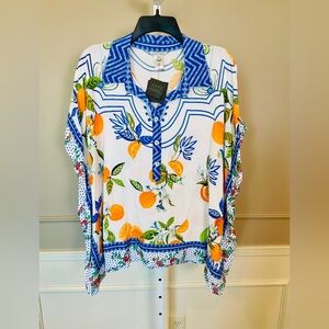 John Mark NWT 0X / 1X Tropical Orange Oversized Poncho Tunic Top Button Down